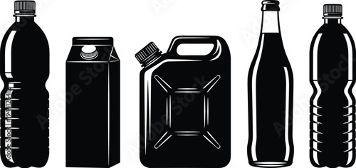 Black and White Vector Silhouette Set of Plastic Bottles, Milk Carton, Jerry Can, and Glass Soda Bottle for Recycling and Packaging
