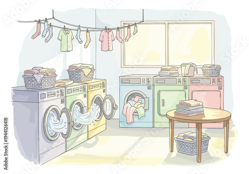 Colorful cartoon laundry room scene with washing machines, clothes on a line, and baskets of laundry