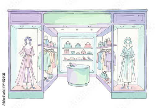 Charming pastel boutique interior with mannequins and fashion displays