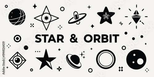 Design featuring stars and orbits with various celestial shapes and symbols