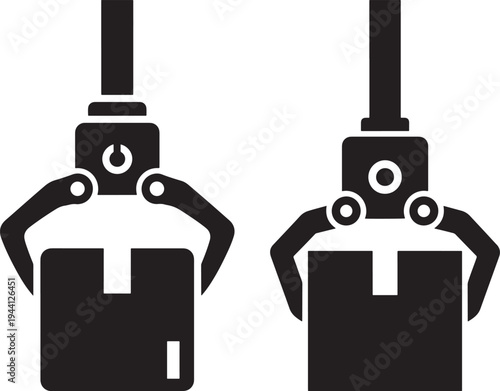 Robotic arm icon silhouette, holding box on white background