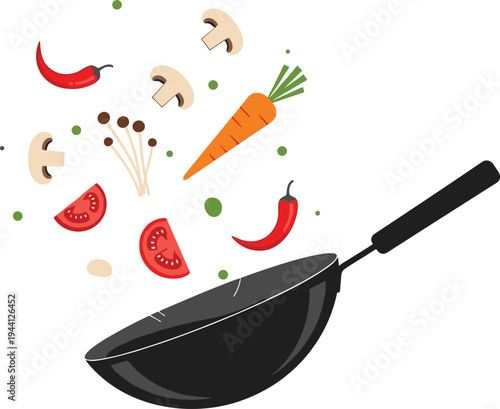 Vector Illustration of a Black Wok Frying Pan with Flying Fresh Vegetables Including Chili Carrot Tomato and Mushrooms for Cooking Concept