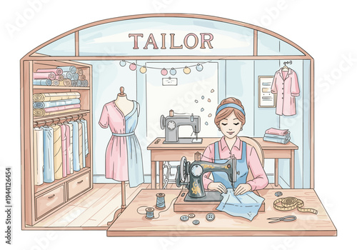 Charming tailor shop illustration with a seamstress working at a sewing machine surrounded by fabrics