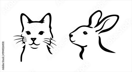 Artistic minimal animal head vector illustrations a graceful cat and an alert rabbit profile