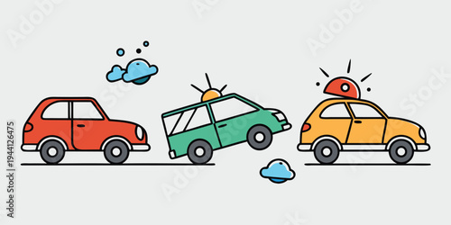 Cars driving on a road with a green vehicle in the center and clouds above