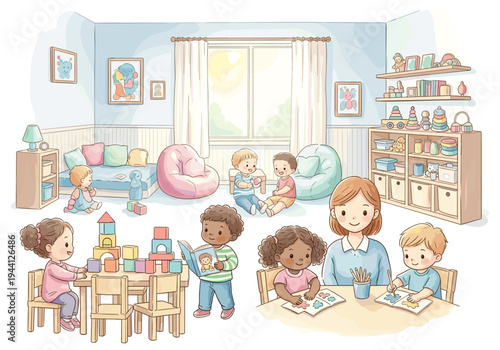 Diverse children engaged in learning and play activities in a bright, cheerful classroom setting