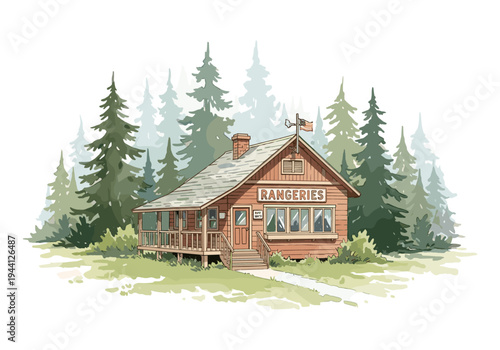 Charming wooden ranger station nestled amongst tall pine trees in a serene forest setting