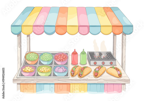 Colorful taco stand with fresh ingredients and grilling station