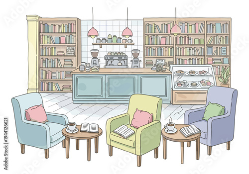 Cozy bookstore cafe interior with comfortable chairs, books, and coffee