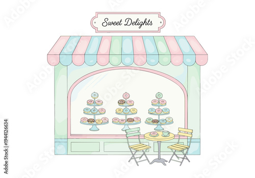 Charming cartoon donut shop exterior with outdoor seating and colorful awning