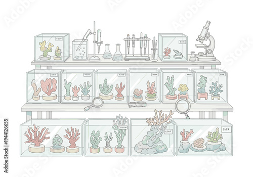 Scientific research laboratory setup with various coral specimens in aquariums and lab equipment
