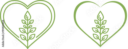 Eco friendly heart logo set with green leaf branch for organic branding, natural health concept, vegan products, and sustainable environment icons.