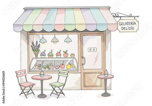 Charming hand-drawn gelateria storefront with outdoor seating and colorful awning