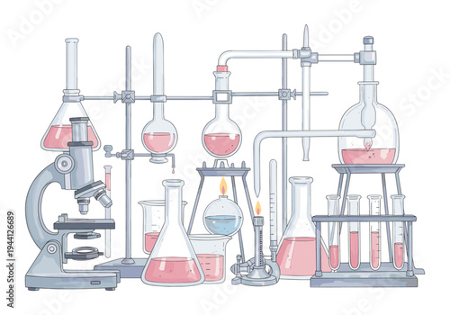 Detailed illustration of a chemistry laboratory setup with various glassware and equipment