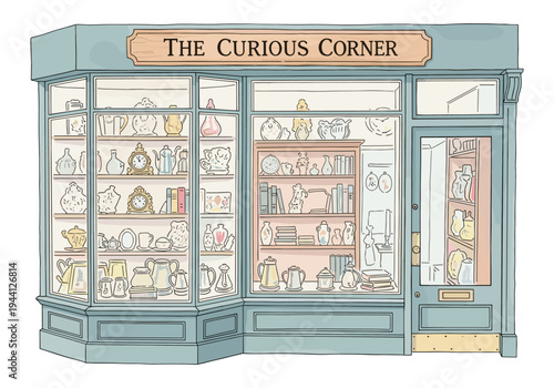 Charming antique shop window display filled with teapots, vases, and clocks