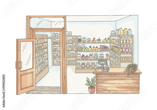 Cozy grocery store interior with shelves stocked with jars, fruits, and bottles