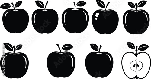 Set of black apple silhouettes and icons including whole fruit, half cut apple, and various leaf styles for organic design.