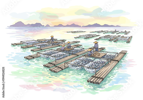 Asian fishermen on bamboo rafts tending to aquaculture cages in calm ocean waters