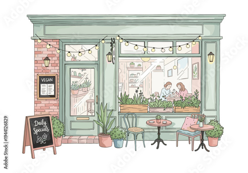 Charming vegan cafe exterior with outdoor seating and string lights