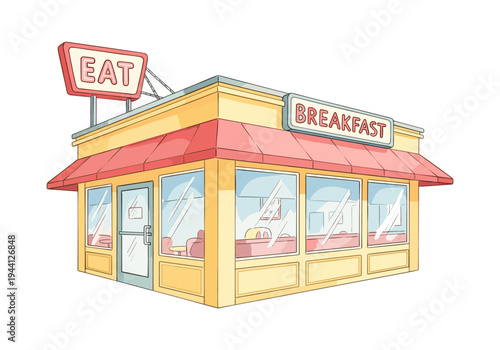 Charming cartoon diner with "EAT" and "BREAKFAST" signs, inviting customers inside