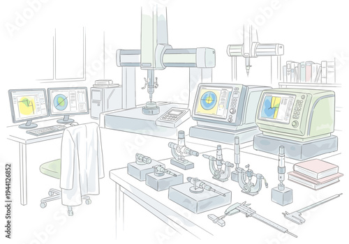 Precision measurement laboratory with CMM, monitors, and metrology tools