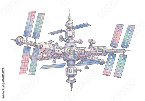 Detailed illustration of a futuristic space station with large solar panels and multiple modules