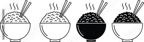 Steaming Rice Bowl Icon Set with Chopsticks in Line and Glyph Styles, Traditional Asian Cuisine Food Vector Graphics for Menu Design
