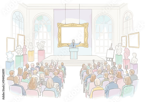 Auctioneer leading a lively art auction with bidders raising paddles in a grand hall
