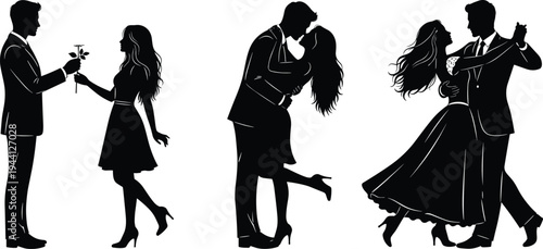 Romantic couple silhouettes set, man giving flower kissing and dancing with woman love relationship moments collection, flat vector illustration