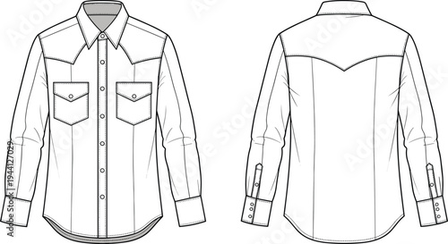 Men's western denim shirt technical sketch front and back view, long sleeve button down fashion template for design mockup, cad drawing flat vector illustration