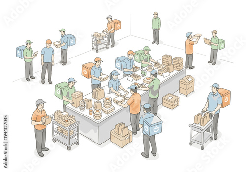 Busy food delivery service hub with couriers picking up orders and preparing for dispatch