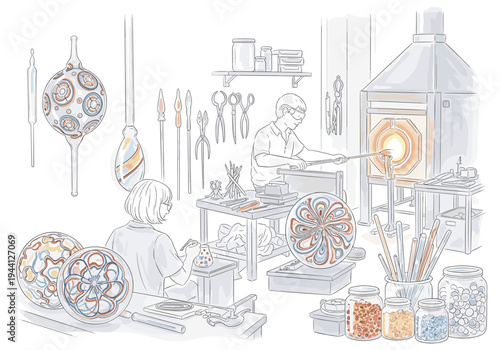Artisans meticulously craft decorative glass pieces in a vibrant workshop setting