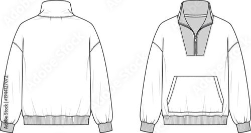 Unisex quarter zip sweatshirt technical sketch front and back view, oversized fleece pullover hoodie fashion template for design mockup, cad drawing flat vector illustration