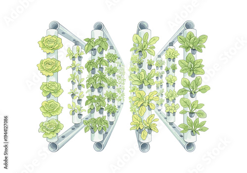Vertical farming system with rows of leafy green plants and lettuce growing in pots