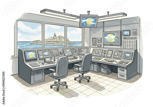 Modern control room overlooking a coastal city with a castle on a hill