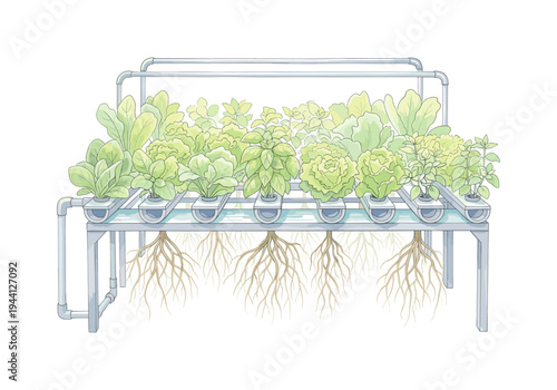 Hydroponic system with various leafy greens and herbs growing with visible roots