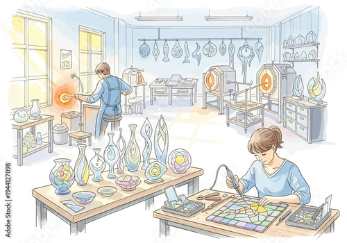 Artisan glassblowers and stained glass artist working in a bright, well-equipped studio