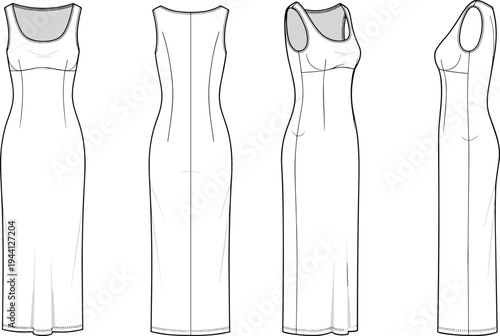 Women's sleeveless maxi dress technical sketch with front back and side views, long bodycon gown fashion template, cad drawing flat vector illustration