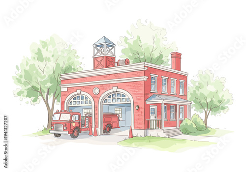 Charming red brick fire station with two trucks and surrounding trees in a quaint town setting