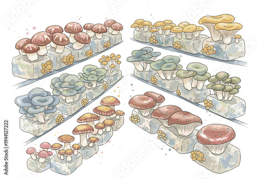 Various types of mushrooms growing on substrate blocks in a farm setting