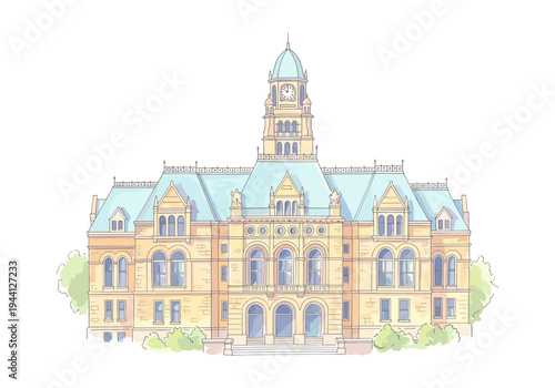 Ornate historical courthouse building with a prominent clock tower and blue roof