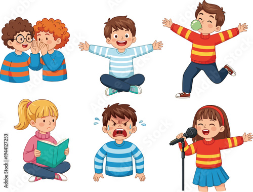 kids, children, cartoon, activities, emotions, whispering, reading, crying, singing, playing, chewing gum, sitting, happiness, learning, school, childhood, 
