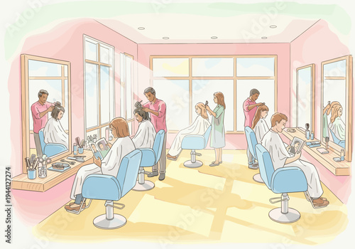 Busy hair salon with multiple clients getting haircuts and styling services