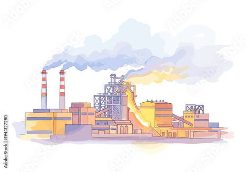 Industrial factory with smoking chimneys and molten metal pouring, symbolizing heavy industry and production