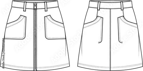 Women's denim mini skirt technical sketch front and back view, casual zip up skirt fashion template for design mockup, cad drawing flat vector illustration