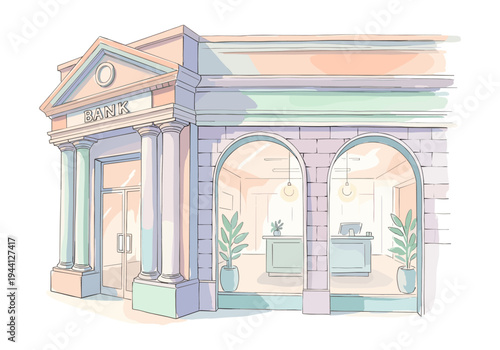 Illustration of a modern bank building with classical architectural elements and large arched windows