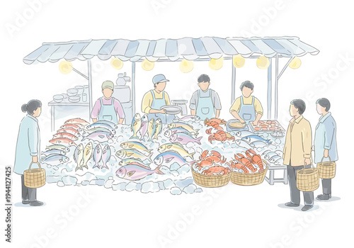 Hand-drawn illustration of a bustling seafood market stall with vendors and customers buying fresh fish and crabs