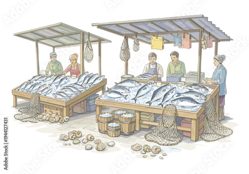 Illustration of a bustling outdoor fish market with vendors selling fresh seafood on ice