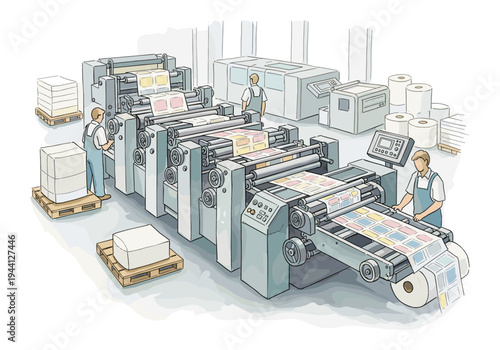 Workers operate large printing presses in a modern industrial print shop setting