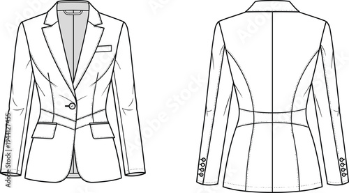 Women's formal blazer technical sketch front and back view, tailored suit jacket fashion template for design mockup, cad drawing flat vector illustration
